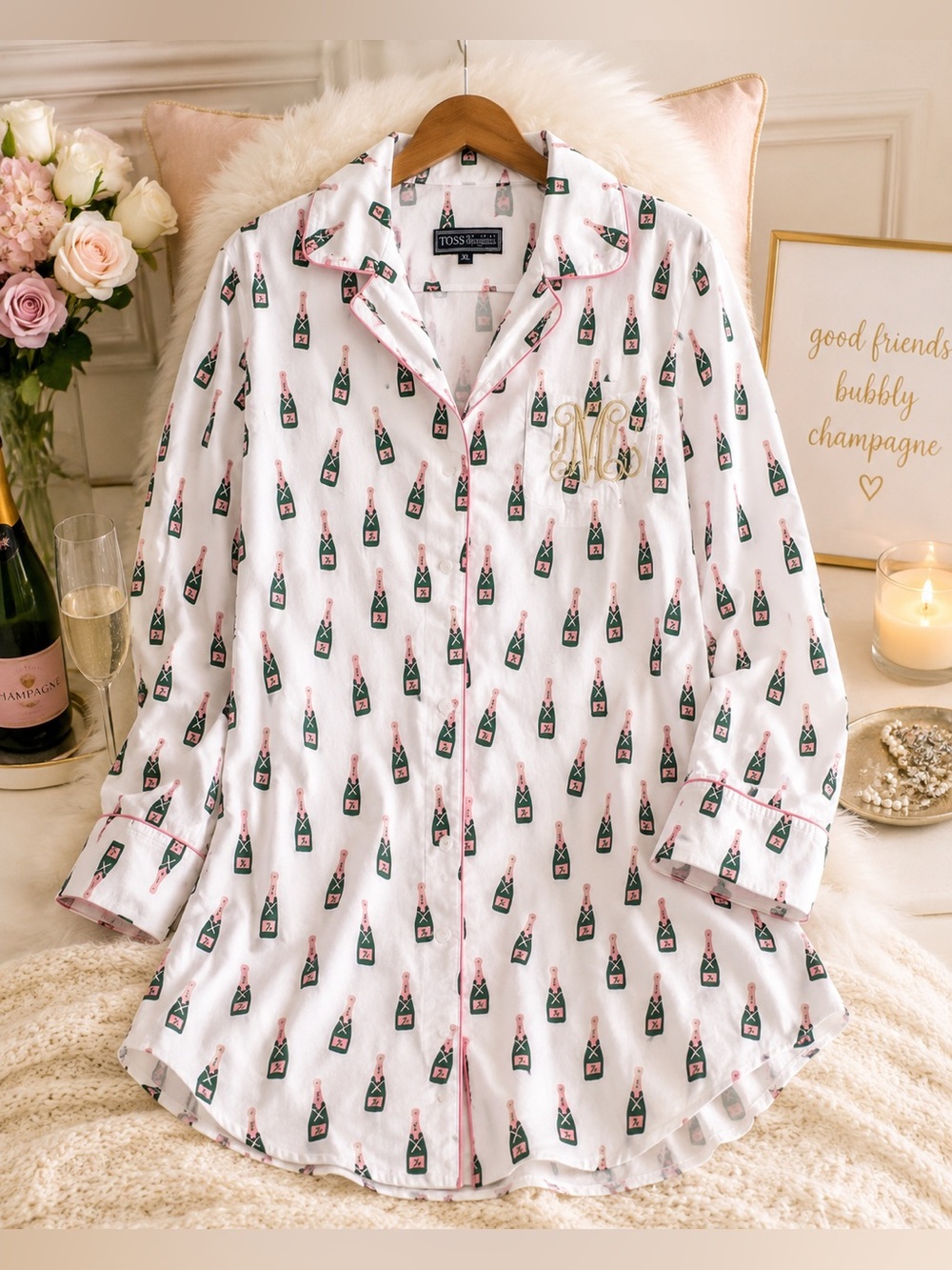 TOSS Designs XL Champagne Bottle Print Pajama Nightshirt Pink Piping Monogram